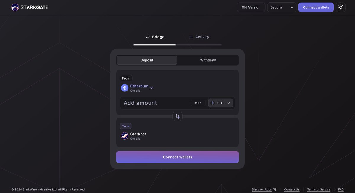 Starknet's tweet photo. More features, more options, a sleeker UX; StarkGate v2.0 is now live on testnet 💅
Give it a try now and let us know what you think! After all, this is built entirely for you.
Mainnet coming in a few weeks
https://t.co/oJMWtL0Yvp https://t.co/KJ6f04udUj