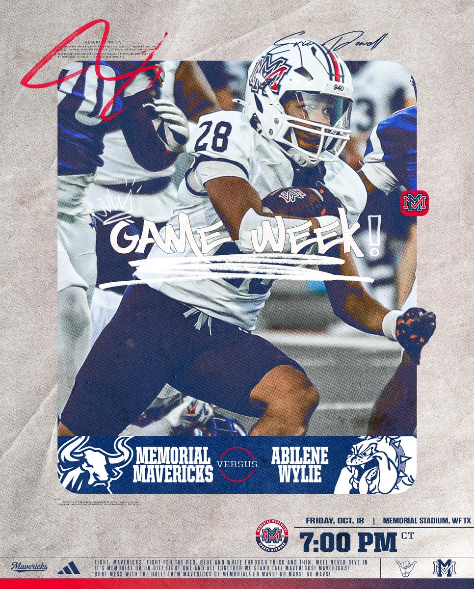 Memorial Maverick Football (@maverickfbwf) on Twitter photo 🔴⚪️🔵Game Week🔵⚪️🔴
The Mavs are back in action this week!
🏟️ Death Valley - MEMORIAL Stadium
⏲️ 7:00 PM
📅 Friday 10/18
📻 <a href="/MemorialSN/">Memorial Mavericks Sports Network</a> - MavsOnTop.com
📺 wfisd.net/youtube
#MavsOnTop 🤙 🔴⚪️🔵Game Week🔵⚪️🔴
The Mavs are back in action this week!
🏟️ Death Valley - MEMORIAL Stadium
⏲️ 7:00 PM
📅 Friday 10/18
📻 <a href="/MemorialSN/">Memorial Mavericks Sports Network</a> - MavsOnTop.com
📺 wfisd.net/youtube
#MavsOnTop 🤙