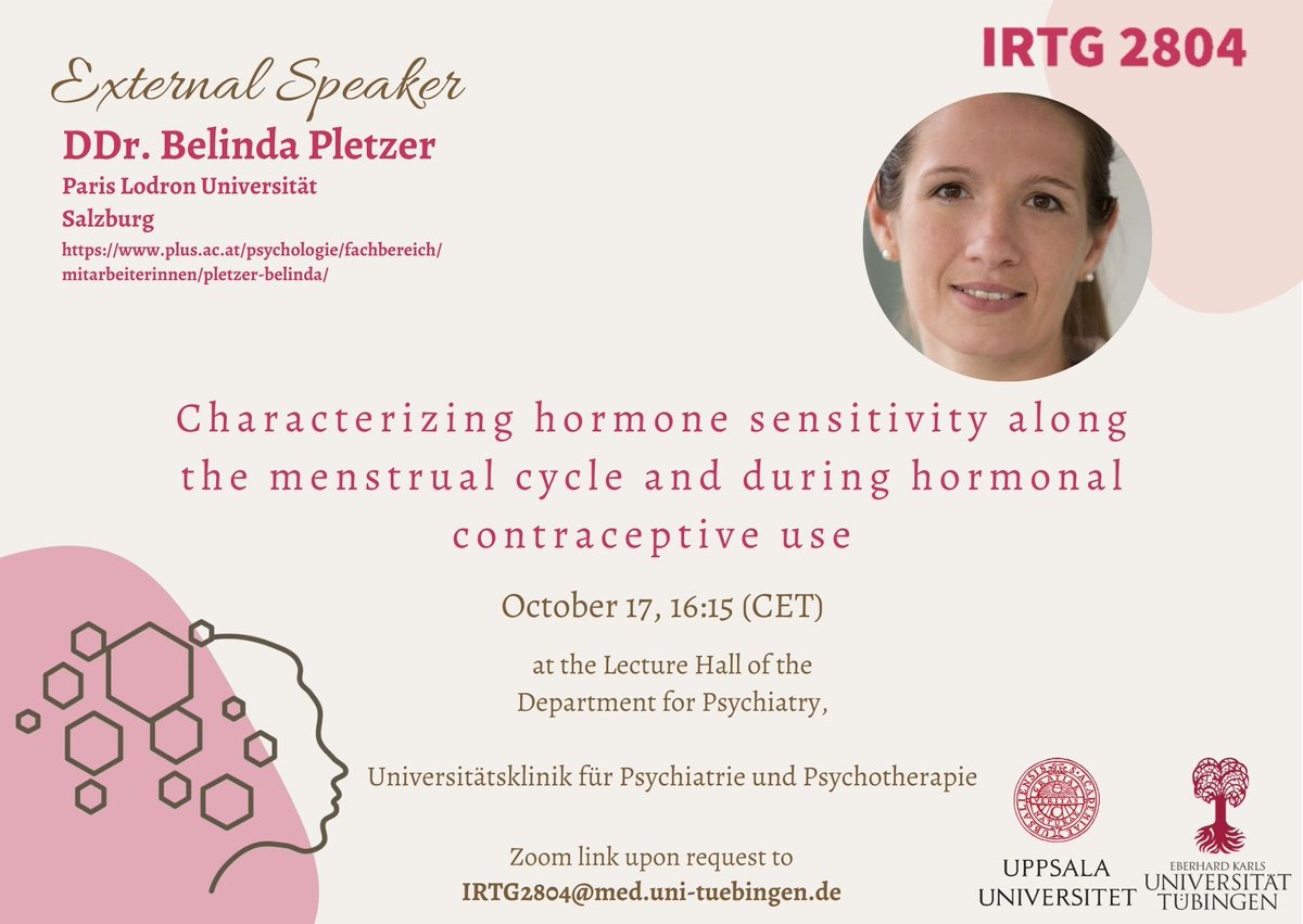 IRTG2804 (@irtg2804) on Twitter photo Here comes a little reminder for the TNC’s Neurocolloquium’s <a href="/TueNeuroCampus/">TübingenNeuroCampus</a> first talk of the semester this Thursday, hosted by us and <a href="/DerntlLab/">Affective Functioning, Hormones and the Brain</a> . Don't miss our great guest Belinda Pletzer's hybrid talk about hormone sensitivity! 🧠✨ Here comes a little reminder for the TNC’s Neurocolloquium’s <a href="/TueNeuroCampus/">TübingenNeuroCampus</a> first talk of the semester this Thursday, hosted by us and <a href="/DerntlLab/">Affective Functioning, Hormones and the Brain</a> . Don't miss our great guest Belinda Pletzer's hybrid talk about hormone sensitivity! 🧠✨