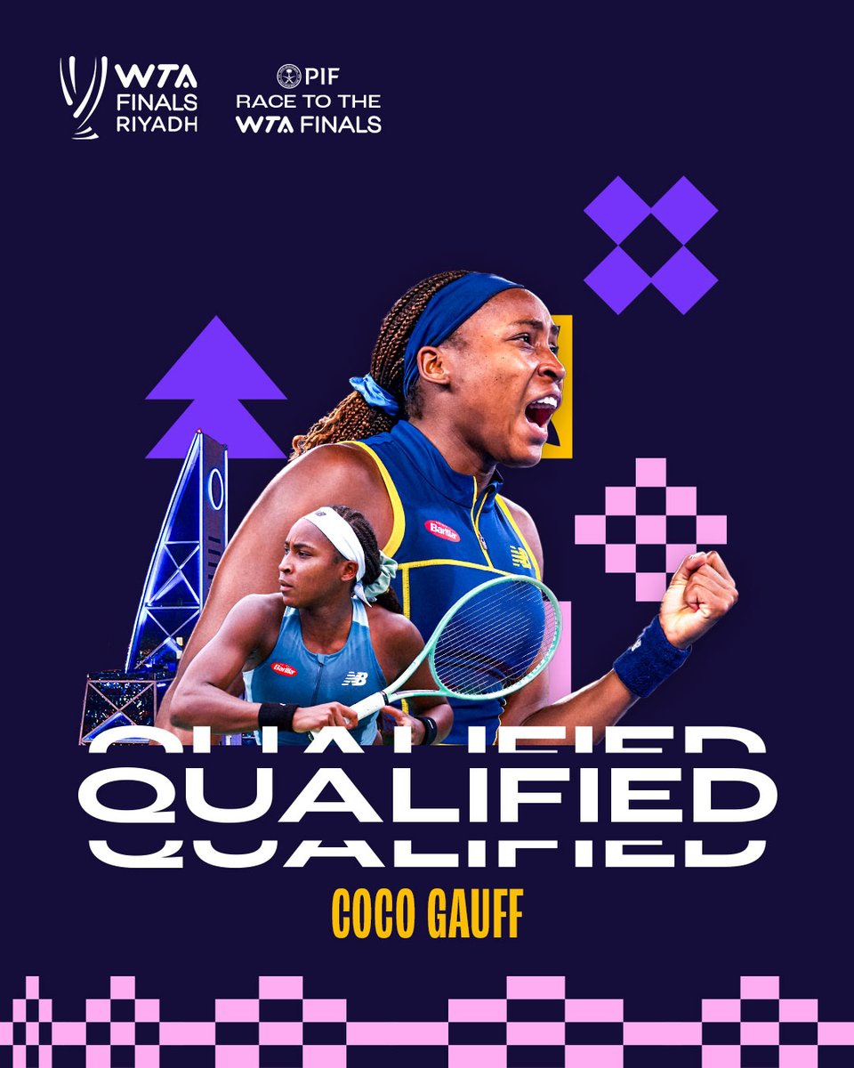 WTA's tweet photo. COCO'S COMING TO RIYADH 🛫

@CocoGauff officially qualifies for November's #WTAFinalsRiyadh – the third straight year she makes it in the #PIF Race to the WTA Finals! https://t.co/p3jOGaDHid