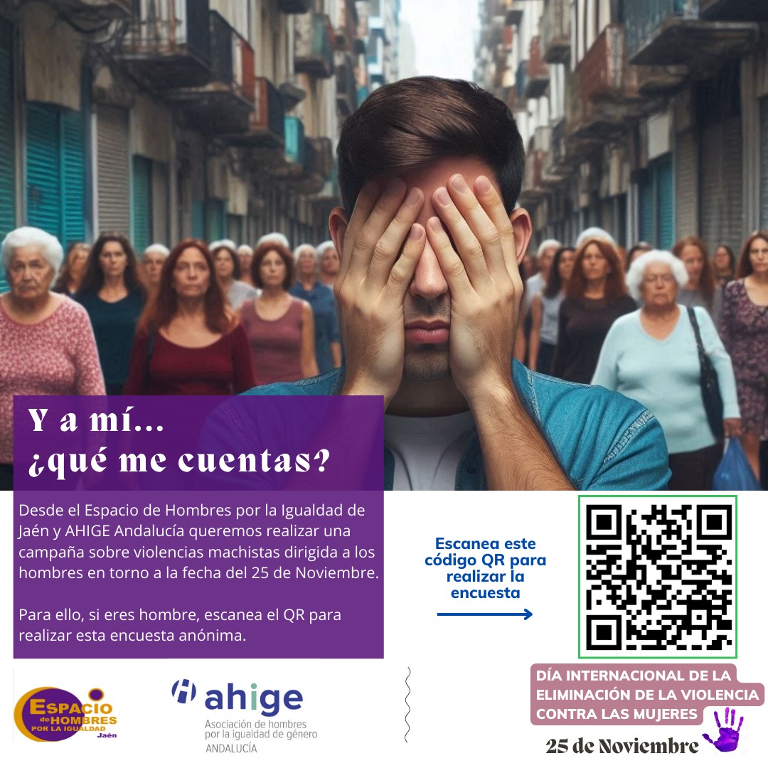 hidalgomiguela's tweet photo. Campaña: Y a mi... ¿qué me cuentas?
Desde el EHxIJ y 
@AhigeAndalucia queremos realizar una campaña dirigida a los hombres en torno al 25N sobre violencia machista. 
Si eres hombre pincha en este enlace o escanea el QR: https://t.co/tCsj4vpOHZ https://t.co/s1zTed6Mrq