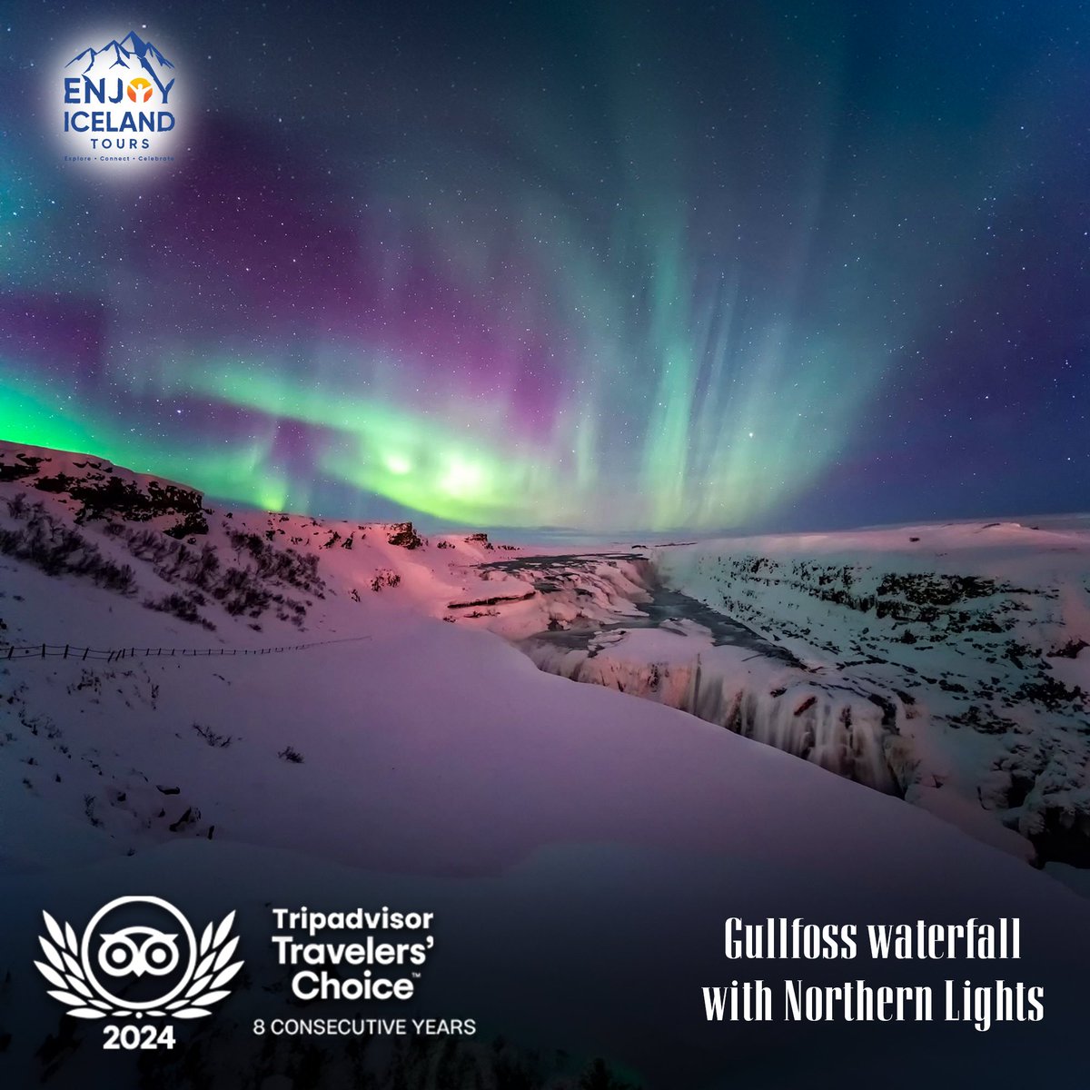 njoyicelandtour's tweet image. Witness the breathtaking beauty of #Gullfosswaterfall illuminated by the Northern Lights! A magical blend of Iceland&apos;s raw power and celestial wonder. 

Location: Gullfoss Waterfall, Iceland
Moment: Pure magic under the starry night sky!

#EnjoyIcelandTours #NorthernLights