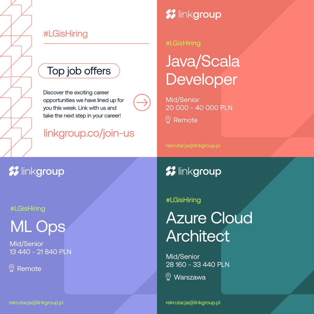 LinkGroup_co's tweet photo. We're back with another edition of #LGisHiring! 🔍 Who are we currently looking for?

👉 Java/Scala Developer
Mid/Senior Level
20,000 - 40,000 PLN

👉 Azure Cloud Architect
Mid/Senior Level
13,440 - 21,840 PLN

👉  ML Ops
Mid/Senior Level
13,440 - 21 840 PLN PLN

👉  Manager IT
Senior Level
24,640 - 33,440 PLN

Discover your next career move with us! To find more job opportunities, go to https://t.co/XV8TpBoEa6 or email our recruitment team at rekrutacja@linkgroup.pl.

Let’s get started! 💚 #linkwithus

__

#linkgroup #techteams #career #joinus #joboffer #developers #java #scala #managerIT #mlops