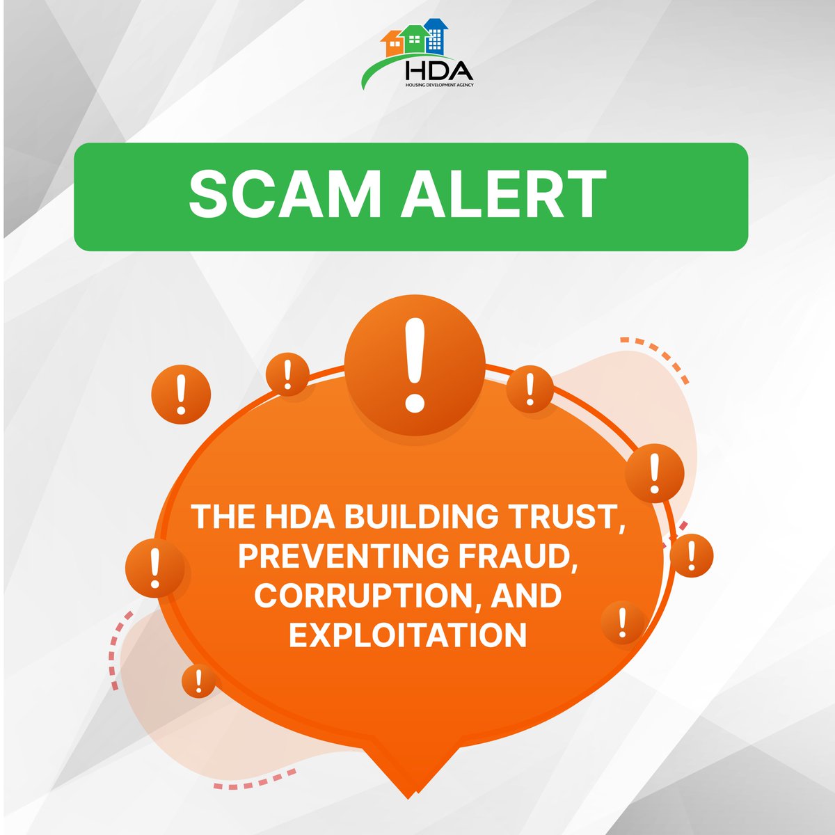 the_hda's tweet image. THE HDA BUILDING TRUST, PREVENTING FRAUD, CORRUPTION, AND EXPLOITATION

Help stop illegal RDP/BNG house sales! Report to your local municipality or call the Dept of Human Settlements: 0800 701 701 or HDA: 0800 111 409. #HdaAtWork #StopCrime #HousingFraud #HousingTheNation
