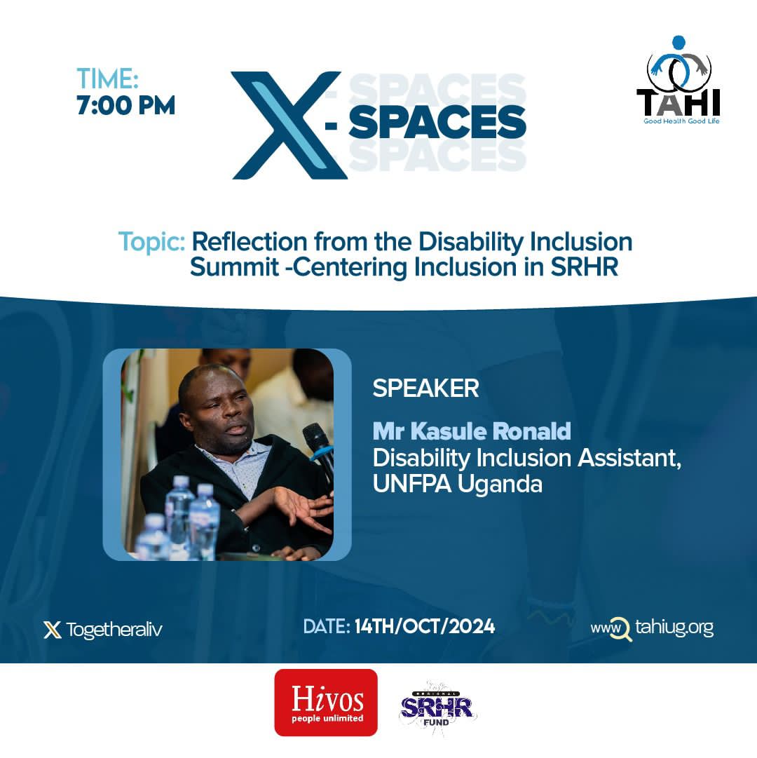 TAHI-Uganda (@togetheraliv) on Twitter photo We are excited to host Mr. Kasule Ronald <a href="/KASULERonald/">KASULE Ronald</a> a Disability Inclusion Assistant with <a href="/UNFPAUganda/">UNFPA Uganda</a> on an X space tonight. He is a strong tool to championing PWD inclusion in policy designing and decision power for young people with disability at global level.
#MVoicesUg We are excited to host Mr. Kasule Ronald <a href="/KASULERonald/">KASULE Ronald</a> a Disability Inclusion Assistant with <a href="/UNFPAUganda/">UNFPA Uganda</a> on an X space tonight. He is a strong tool to championing PWD inclusion in policy designing and decision power for young people with disability at global level.
#MVoicesUg