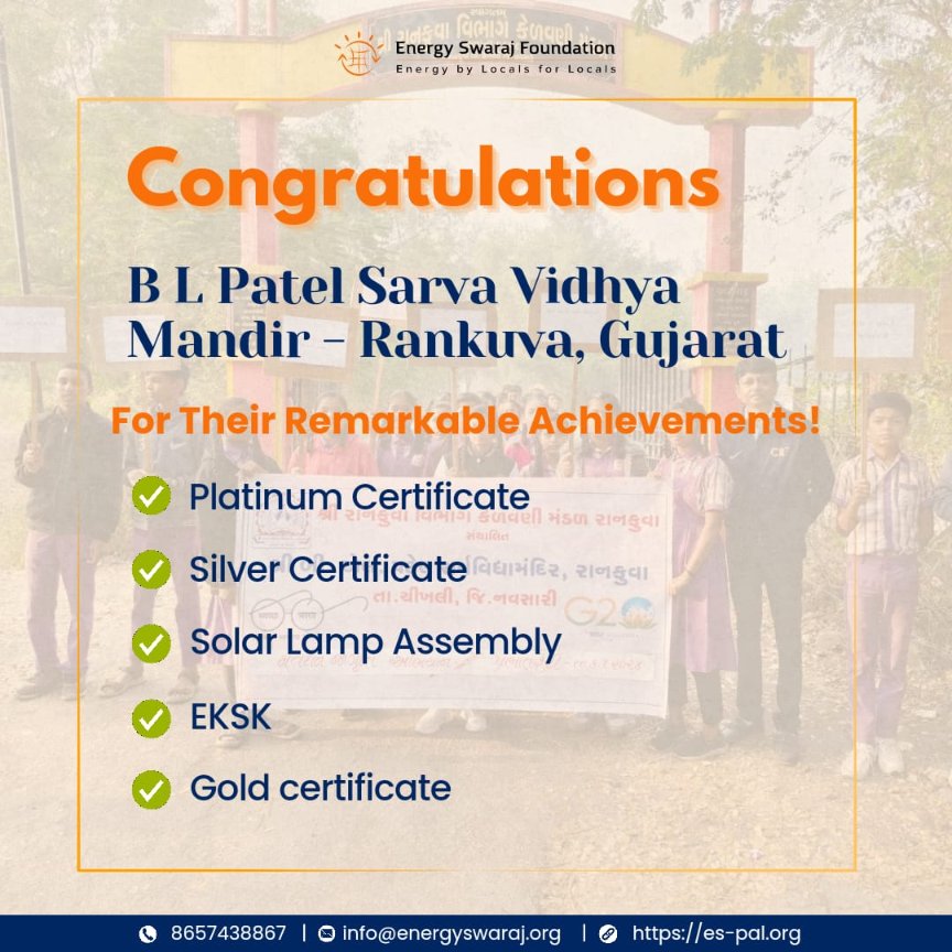 Energy_Swaraj's tweet image. We extend our heartfelt thanks to BL Patel Sarva Vidyamandir - Rankuva, Gujrat!🥳🌍

An impressive 3500+ individuals have become Energy Literate + Awarded by ESF!

Ready to join #ActionForClimateCorrection? DM us now!

#Rewards #Certification #EnergyLiteracy