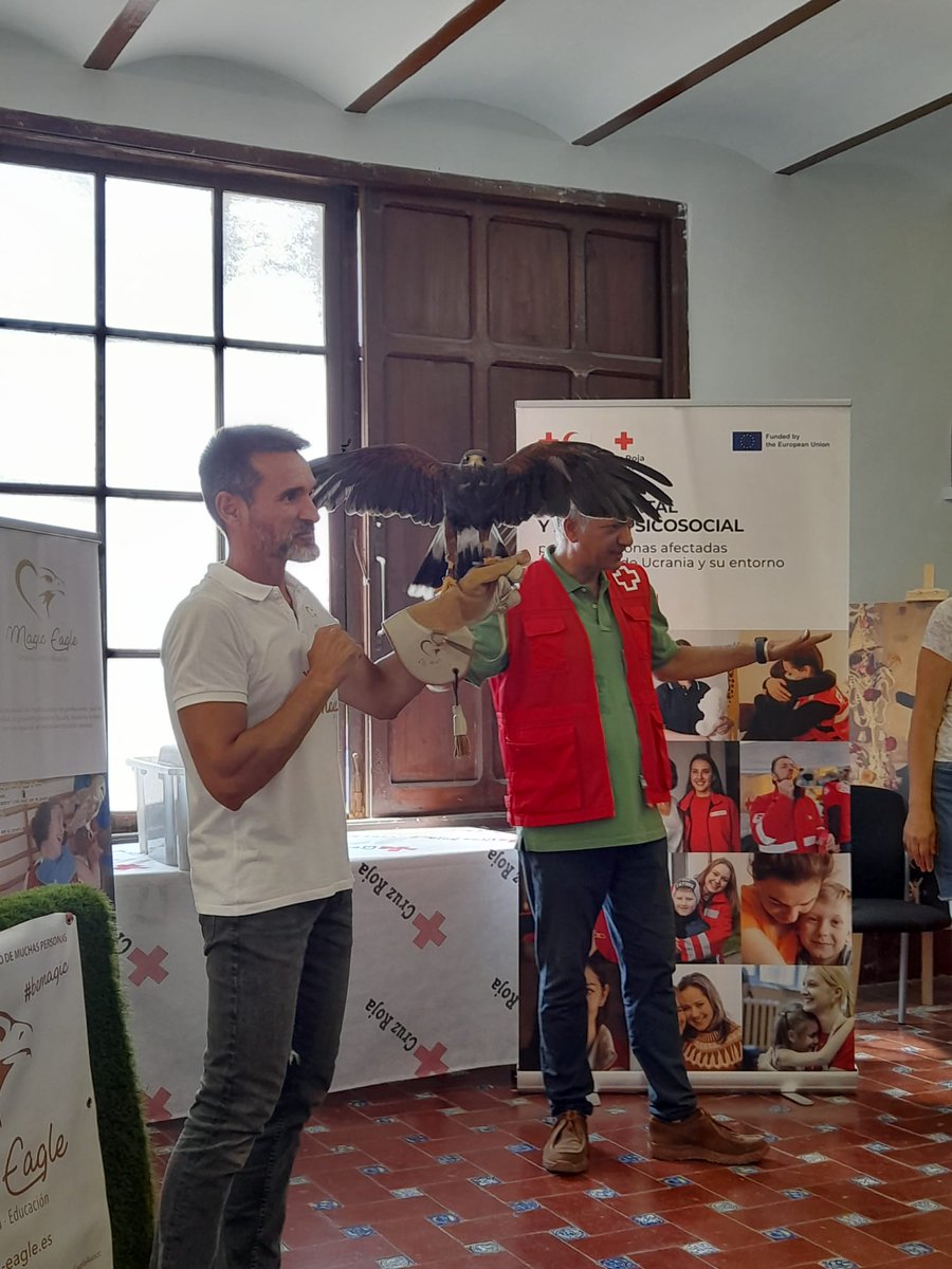 IFRC_Europe's tweet photo. A unique therapy with birds of prey, thanks to the Spanish Red Cross and #EU4Health! 

Ukrainians who’ve fled their homes get a chance to connect, heal, and find peace - just like these majestic birds, symbolizing freedom and new beginnings. https://t.co/yOkZnmHyFA