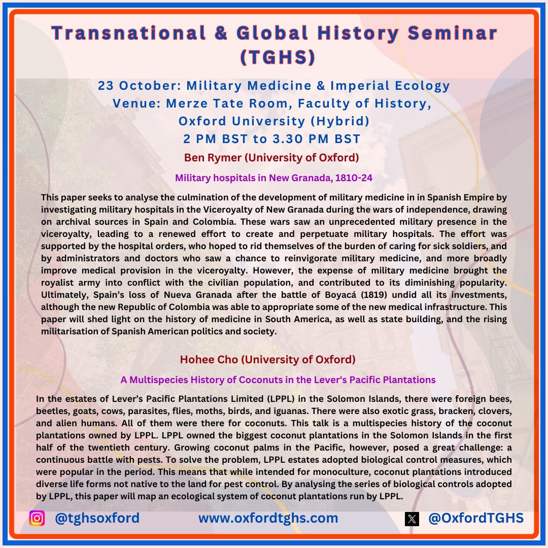 OxfordTGHS's tweet photo. The first of the seminar series for the term!  You can visit the TGHS website for more details and register for the seminars. Here is the link to the OxTalks for the detailed list of activities for this term: https://t.co/HALGHffGGk https://t.co/hWkZ4ifHPU