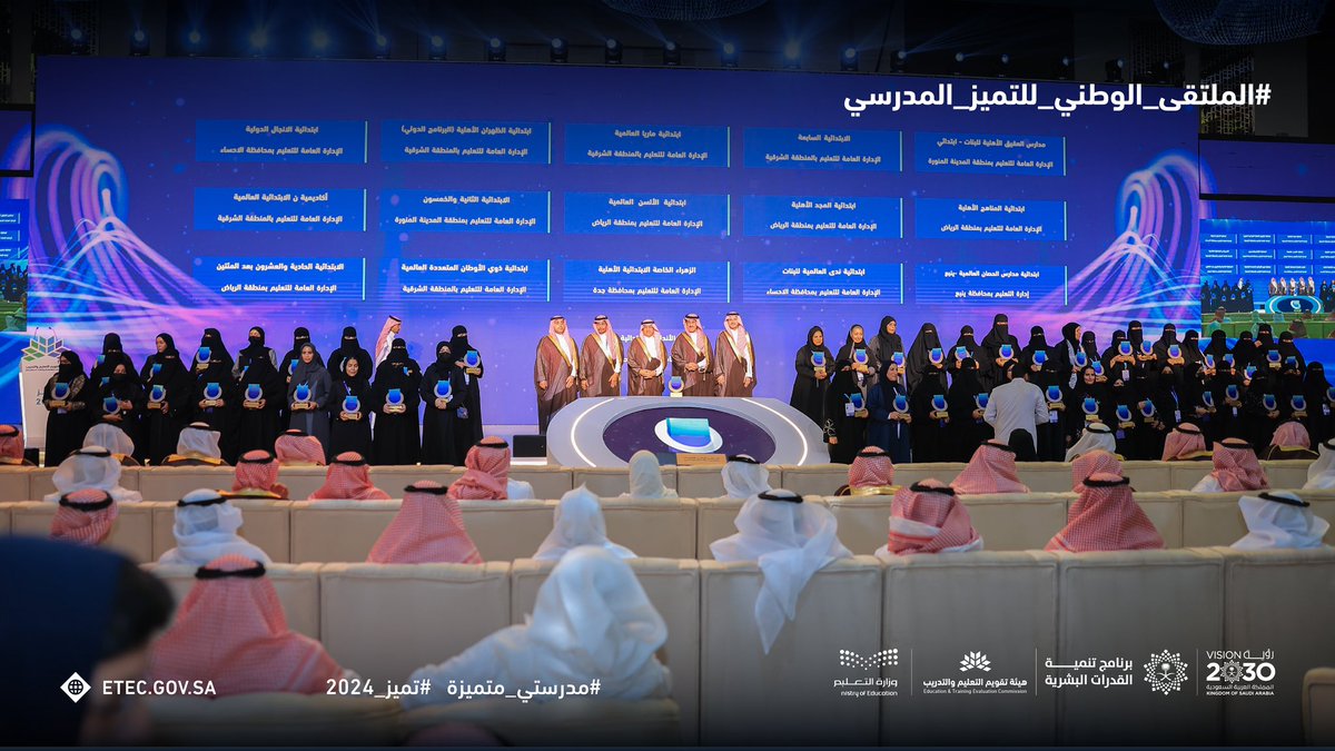 EtecKsa's tweet photo. اختتام أعمال #الملتقى_الوطني_للتميز_المدرسي #تميز_2024 بتكريم أكثر من 290 مدرسة متميزة حكومية وأهلية وعالمية، بحضور معالي وزير التعليم ومعالي رئيس مجلس إدارة الهيئة، وبتنسيق مشترك بين الوزارة والهيئة.

وقد حرص الملتقى على إحداث حراك على المستوى الوطني؛ تتعزز فيه ثقافة التقويم الخارجي، ويركز من خلاله على العناية بضمان وضبط جودة التعليم العام، وتحسين مخرجاته، ودعم صناعة القرار التطويري التربوي.

#مدرستي_متميزة

https://t.co/7kSTyUdGJ9