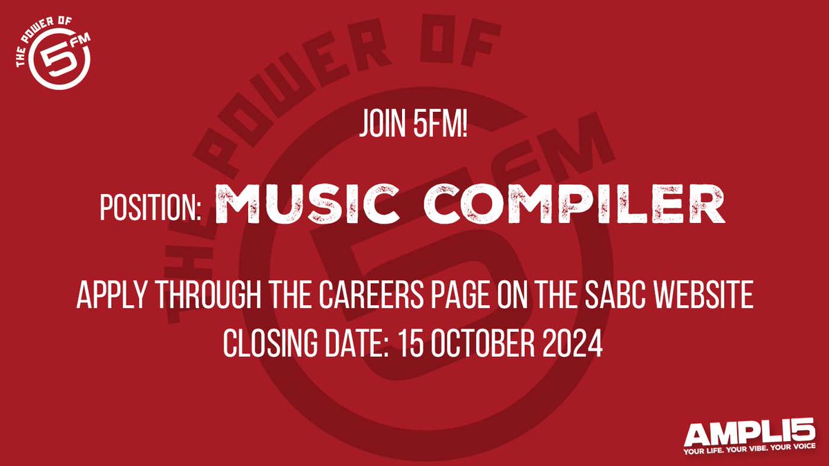 5FM's tweet photo. We're looking for a Music Compiler! 🎵🥳🎶

If you are passionate about music, apply to join the 5FM team at the link below. ⬇️ The closing date is TOMORROW, 15 October!

Apply here: 
https://t.co/ZwxCiI7HGd https://t.co/0PhCLLXMwP