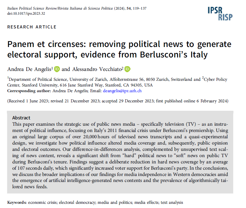 Ita_PolSc_Rev's tweet photo. Now in Vol54/2‼️
@AngelisAndrea @_avecchiato study strategic use of TVnews as instrument of political influence focusing on Italy's 2011 financial crisis.They find deliberate reduction in hard news coverage,increasing voter support for Berlusconi's party 👉https://t.co/yKyHaXbgu6 https://t.co/bG7k8N36eM
