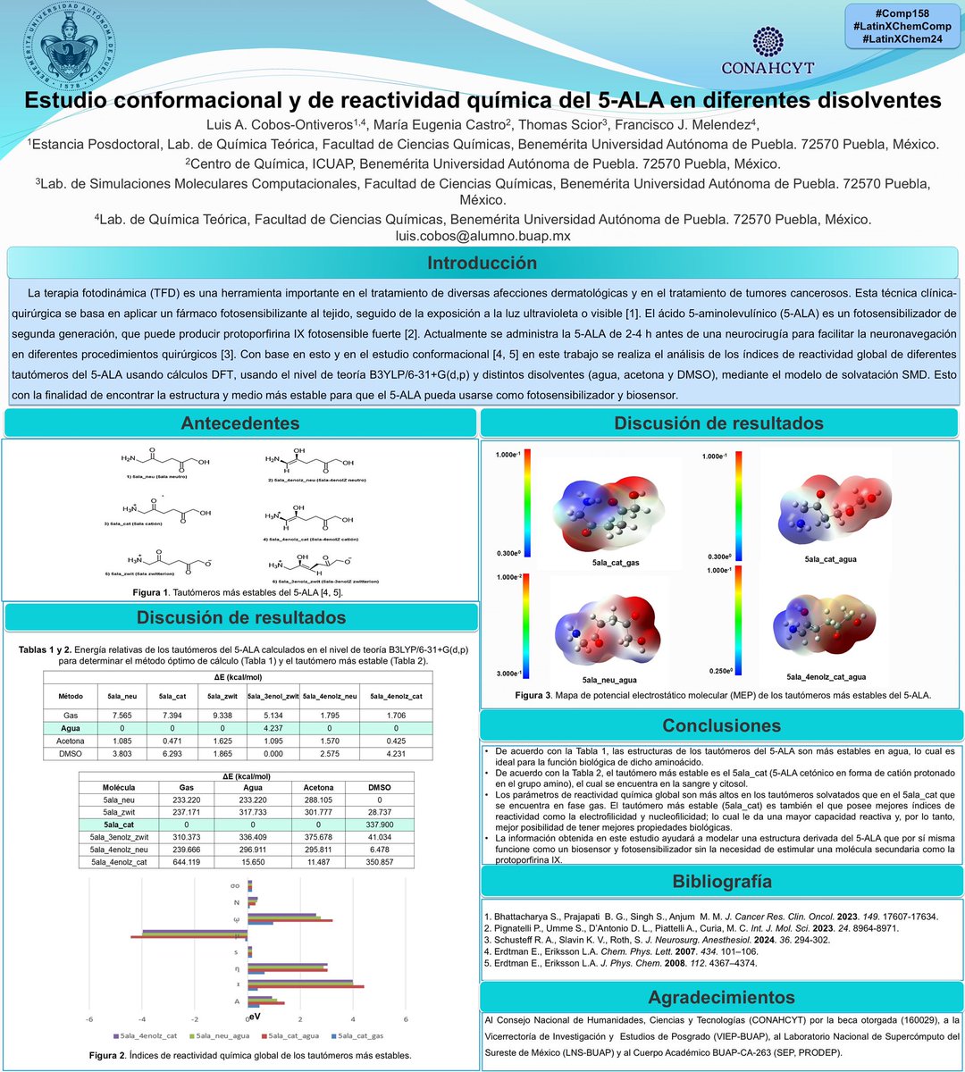 Luiss_CO's tweet photo. “Hola @LatinXChem, presentando mi trabajo ‘Estudio conformacional y de reactivadad química del 5-ALA en diferentes disolventes ” en #LatinXChem24, #LatinXChemComp, #Comp158” https://t.co/y6G83NCtLv