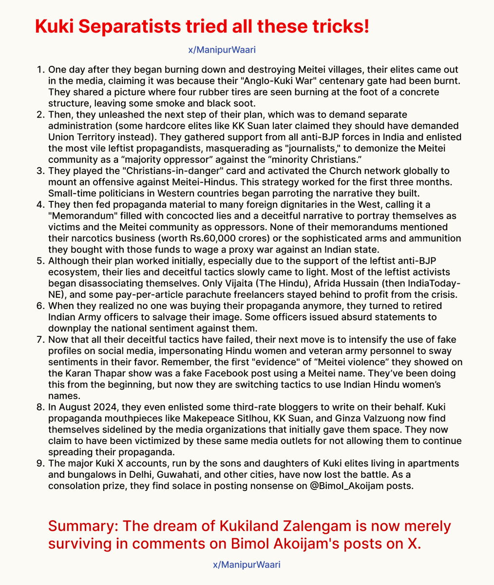Kuki Separatists tried all these tricks! But now...

The dream of Kukiland Zalengam is now merely surviving in comments on <a href="/Bimol_Akoijam/">A. Bimol Akoijam</a> 's posts on X.

Courtesy : <a href="/ManipurWaari/">Manipur Story</a> #Manipur