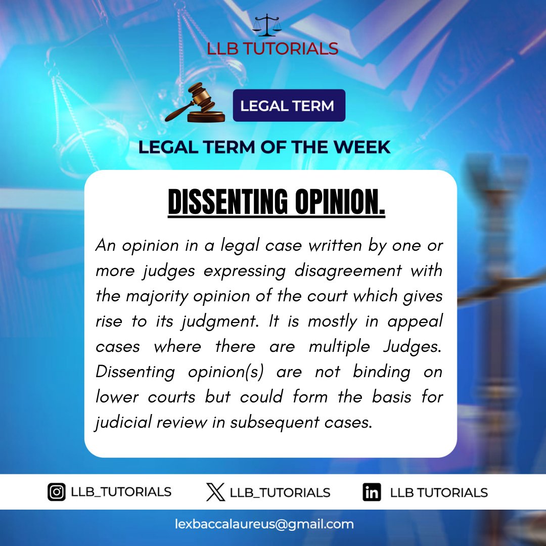LLB_TUTORIALS's tweet photo. We have our first of many posts up 😁
Today, we discuss what a dissenting opinion is and what is the basis of it in the courts.
Let us know your opinions in the comment section.
#legalterms #law #learnlaw #llbtutorials #llb #legaltermoftheday #legaltermoftheweek https://t.co/59JUHeQgUY