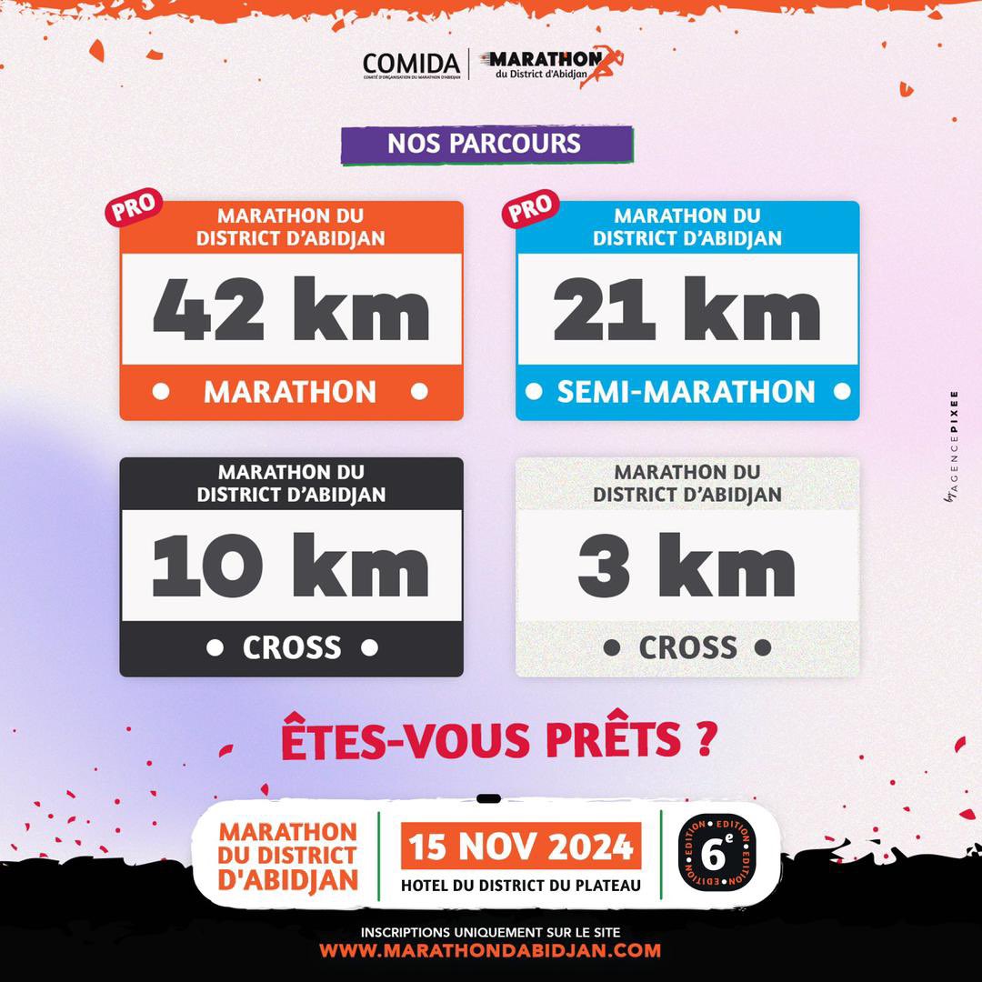 Prêts à relever le défi ? 🏁 

Que vous choisissiez 42 km, 21 km, 10 km ou 3 km, vivez une aventure unique à Abidjan ! Rendez-vous le 15 NOVEMBRE 2024 pour ce marathon emblématique. Inscriptions bientôt ouvertes ! 🏃🏾‍♂️ 

#marathondabidjan #courseapieds #cotedivoire