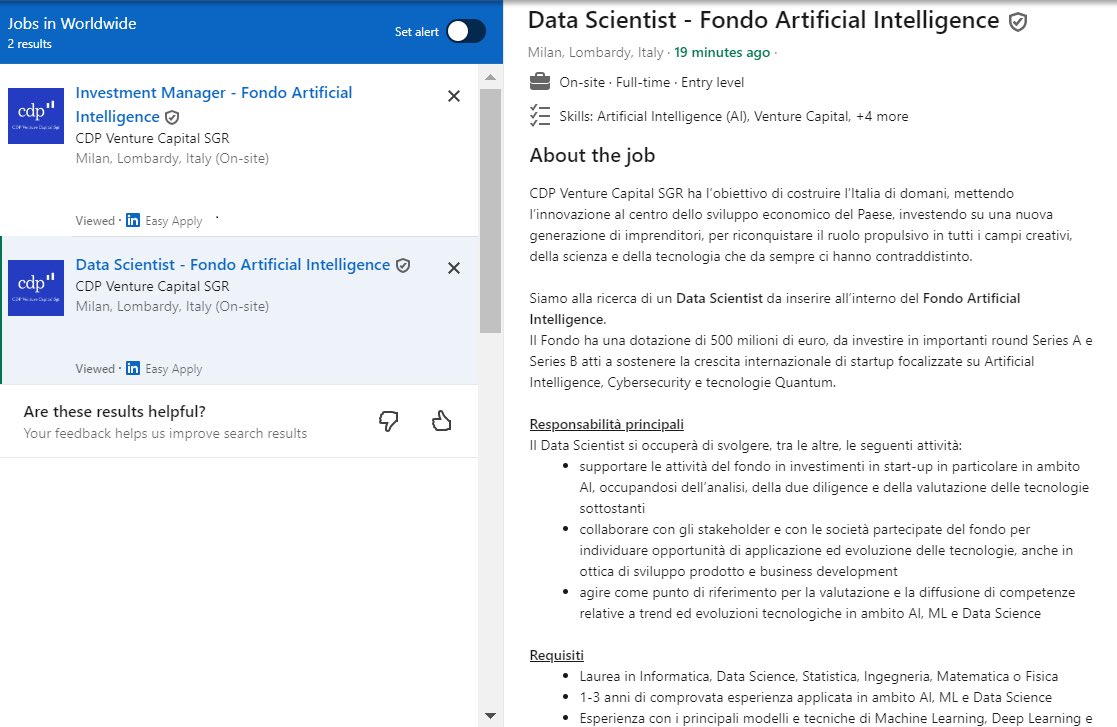 vincenzo's tweet image. A #CDPVentureCapital, Fondo Artificial Intelligence, stiamo assumendo. 
E per cercare, supportare e investire in grandi imprenditori e #startup che competano a livello internazionale, serve una squadra con la stessa determinazione.

Le posizioni al momento aperte sono due,