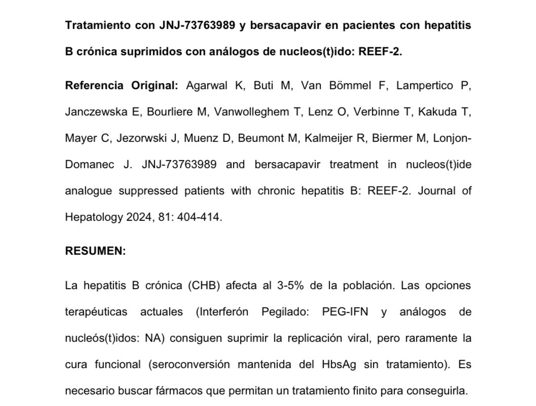 GEHEP_seimc's tweet photo. Ya está disponible el comentario de la doctora Pilar Vázquez al artículo del mes “Tratamiento con JNJ-73763989 y bersacapavir en pacientes con hepatitis B crónica suprimidos con análogos de nucleos(t)ido: REEF-2”, publicado en @JHepatology 

https://t.co/xfWvG2WAJy https://t.co/sawdcUs4YQ