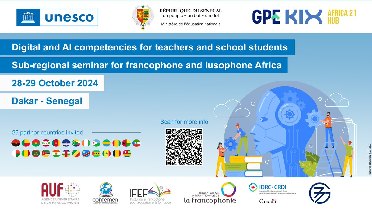 🗓️Save the date!

Join us on 28-29 October for the second seminar on #digital and #AI competencies for #teachers and school #students in Member States of the G77+China. This seminar will focus on francophone and lusophone Africa.

Info and registration: unesco.org/en/articles/su…