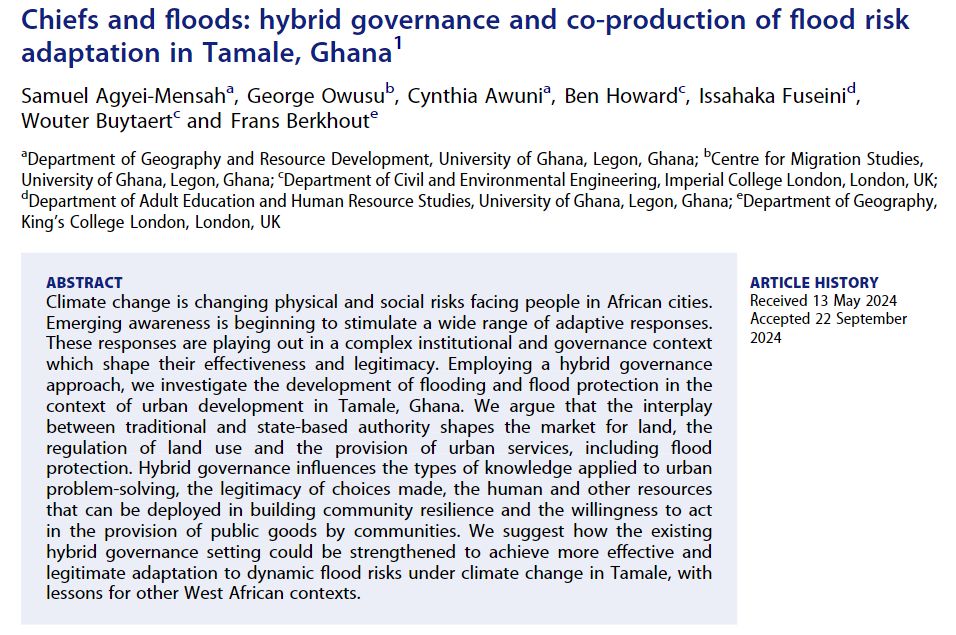 NEW PAPER! Our paper on Chiefs and Floods in Tamale, Ghana, is based on two years of #coproduction #cocreation activities. We examined the role of traditional authorities in #climatechange #adaptation.  Full article: tandfonline.com