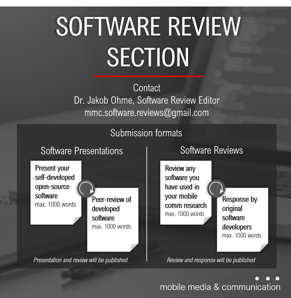 Mobile Media & Comm (@mobilemediacomm) on Twitter photo 👩💻 Contribute to MMC's Software Review Section!
📝 Got self-developed software? Show it off!
🔍 Used software in research projects? We want your insights!
Reach out to our Software Review Editor <a href="/dscheykopp/">Jakob Ohme</a> to learn more.
📥Submissions via mc.manuscriptcentral.com/MMC 👩💻 Contribute to MMC's Software Review Section!
📝 Got self-developed software? Show it off!
🔍 Used software in research projects? We want your insights!
Reach out to our Software Review Editor <a href="/dscheykopp/">Jakob Ohme</a> to learn more.
📥Submissions via mc.manuscriptcentral.com/MMC