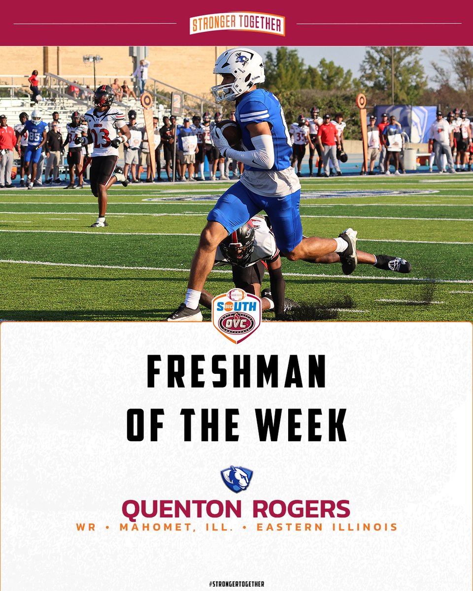 He hauled in five receptions for 1⃣0⃣3⃣ yards in his first career start against TSU.

<a href="/EIU_FB/">Eastern Illinois Football</a>'s Quenton Rogers (<a href="/RogersQuenton/">Quenton Rogers</a>) is the #BigSouthOVCFB Freshman of the Week!