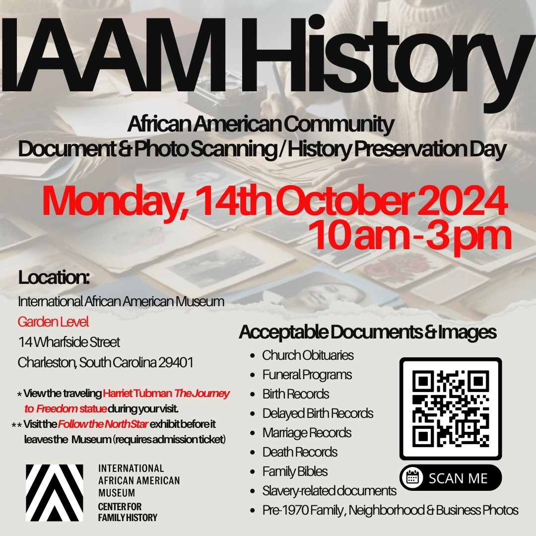 IAAM CFH (@iaamcfh) on Twitter photo Info link: tinyurl.com/IAAMHistory14O…
Bring your old family documents & photos and head down to the <a href="/iaamuseum/">International African American Museum</a> today (Oct 14th).
This scanning event is FREE! Let's capture some #charlestonsc #AfricanAmericanHistory today!!
#whatsoncharleston #charlestonevents Info link: tinyurl.com/IAAMHistory14O…
Bring your old family documents & photos and head down to the <a href="/iaamuseum/">International African American Museum</a> today (Oct 14th).
This scanning event is FREE! Let's capture some #charlestonsc #AfricanAmericanHistory today!!
#whatsoncharleston #charlestonevents