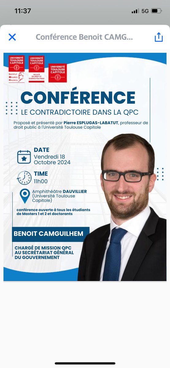 vendredi 18 oct. 11h, conférence Benoit Camguilhem, représentant Secrétaire général Gouvernement devant ⁦<a href="/Conseil_constit/">Conseil constit</a>⁩, « Le contradictoire dans la QPC », ouverte à tous les masters 1 et 2 et doctorants ⁦<a href="/UTCapitole/">Université Toulouse Capitole</a>⁩ ⁦@Fac_droit_tlse⁩ ⁦<a href="/IMH_Hauriou/">IMH Institut Hauriou</a>⁩