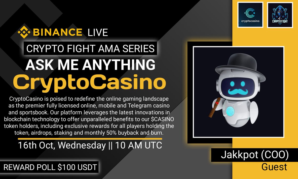 Crypto Fight (@cryptofight_gl) on Twitter photo 🔊 #BinanceLiveAMA with "CryptoCasino" Hosted by “Crypto Fight”
⏰Time : 16th Oct, 2024,
: At 10 AM UTC
🎖️Reward: $100 USDT🎖️
🏠Venue: binance.com/en/live/video?…
📌Rules:
1️⃣Follow : <a href="/CryptoCasino/">CryptoCasino.com</a>
2️⃣Follow : <a href="/CryptoFight_gl/">Crypto Fight</a>
3️⃣Like, RT, Tag 3 Friends 🔊 #BinanceLiveAMA with "CryptoCasino" Hosted by “Crypto Fight”
⏰Time : 16th Oct, 2024,
: At 10 AM UTC
🎖️Reward: $100 USDT🎖️
🏠Venue: binance.com/en/live/video?…
📌Rules:
1️⃣Follow : <a href="/CryptoCasino/">CryptoCasino.com</a>
2️⃣Follow : <a href="/CryptoFight_gl/">Crypto Fight</a>
3️⃣Like, RT, Tag 3 Friends