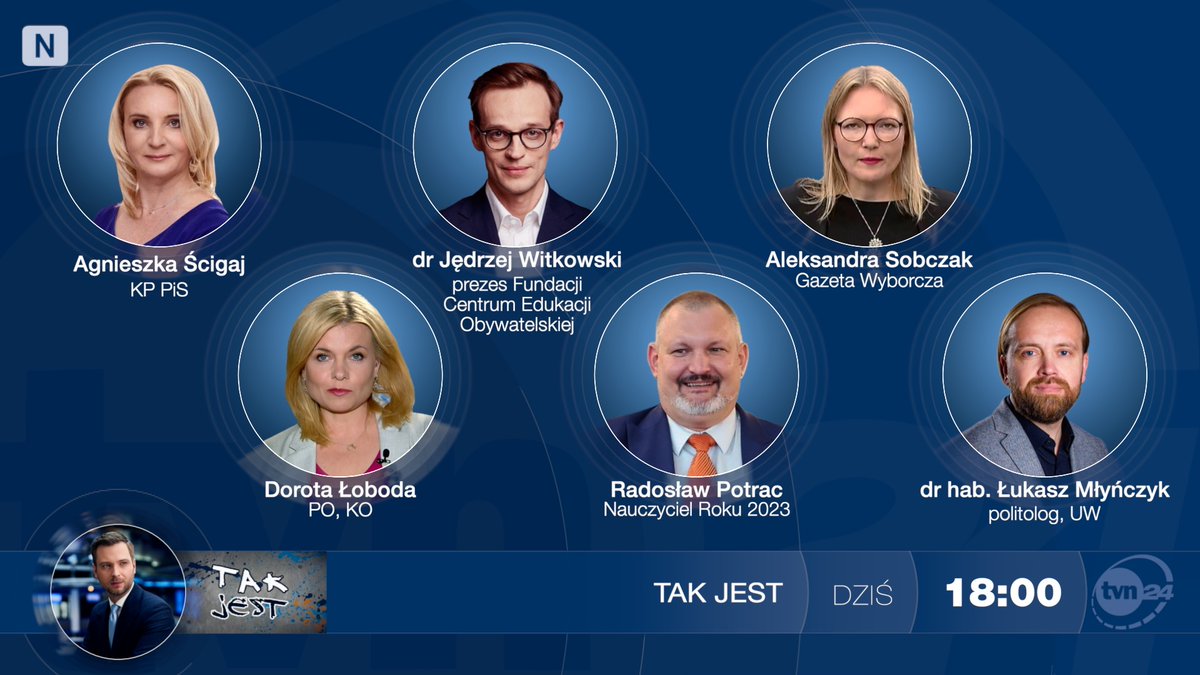 Tak Jest TVN24 (@takjesttvn24) on Twitter photo ✔️ Gośćmi poniedziałkowego programu będą: <a href="/AgaScigaj/">Agnieszka Ścigaj</a> <a href="/pisorgpl/">Prawo i Sprawiedliwość</a> i <a href="/DorotaLoboda/">Dorota Łoboda</a> <a href="/Platforma_org/">PlatformaObywatelska</a>, Jędrzej Witkowski <a href="/fundacja_CEO_pl/">Centrum Edukacji Obywatelskiej</a> i <a href="/Radziomag/">Radosław Potrac</a> (Nauczyciel Roku 2023) oraz Aleksandra Sobczak <a href="/gazeta_wyborcza/">Gazeta Wyborcza.pl</a> i <a href="/LookaszMlynczyk/">Łukasz Młyńczyk</a> <a href="/UniWarszawski/">Uniwersytet Warszawski</a>
↘️ O 18 do <a href="/tvn24/">tvn24</a> zaprasza <a href="/RadomirWit/">Radomir Wit</a> ✔️ Gośćmi poniedziałkowego programu będą: <a href="/AgaScigaj/">Agnieszka Ścigaj</a> <a href="/pisorgpl/">Prawo i Sprawiedliwość</a> i <a href="/DorotaLoboda/">Dorota Łoboda</a> <a href="/Platforma_org/">PlatformaObywatelska</a>, Jędrzej Witkowski <a href="/fundacja_CEO_pl/">Centrum Edukacji Obywatelskiej</a> i <a href="/Radziomag/">Radosław Potrac</a> (Nauczyciel Roku 2023) oraz Aleksandra Sobczak <a href="/gazeta_wyborcza/">Gazeta Wyborcza.pl</a> i <a href="/LookaszMlynczyk/">Łukasz Młyńczyk</a> <a href="/UniWarszawski/">Uniwersytet Warszawski</a>
↘️ O 18 do <a href="/tvn24/">tvn24</a> zaprasza <a href="/RadomirWit/">Radomir Wit</a>
