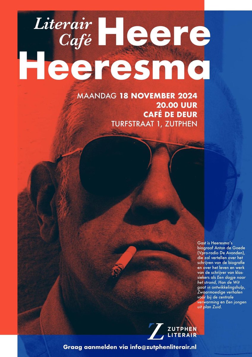 Heere Heeresma (1932-2011), Neerlands schrijver met het menselijk gezicht. Voor de fans in en rond Zutphen: op 18/11 belichten we HH’s leven en werk in Café De Deur. Geen tijd? Toch komen! Aanbevolen ter voorbereiding: de  bloemlezing ‘Heeresma Houdbaar’, uitgeverij van Oorschot