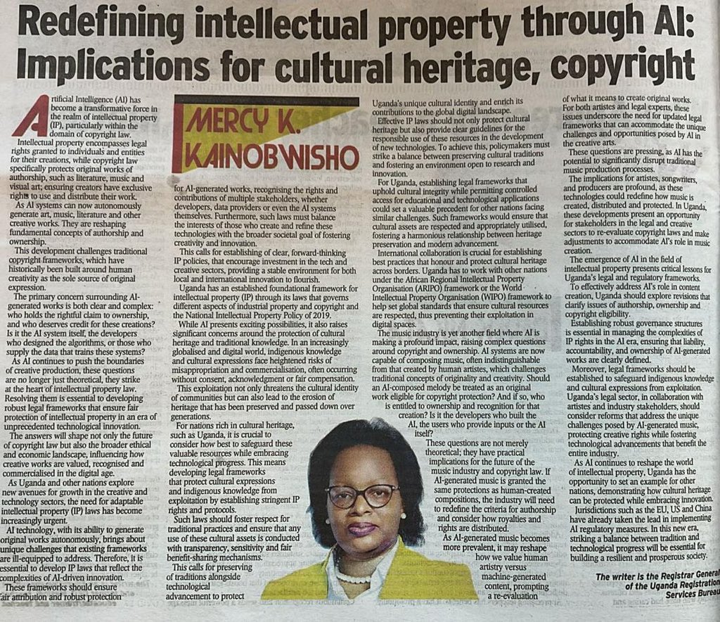 Check out <a href="/Mercykains/">Mercy K. Kainobwisho</a>’ take on AI and Intellectual Property in today’s <a href="/newvisionwire/">The New Vision</a>. She explores the impact of AI on copyright, cultural heritage, and creative ownership, emphasizing the need for updated legal frameworks to manage AI-generated content, fair attribution, and