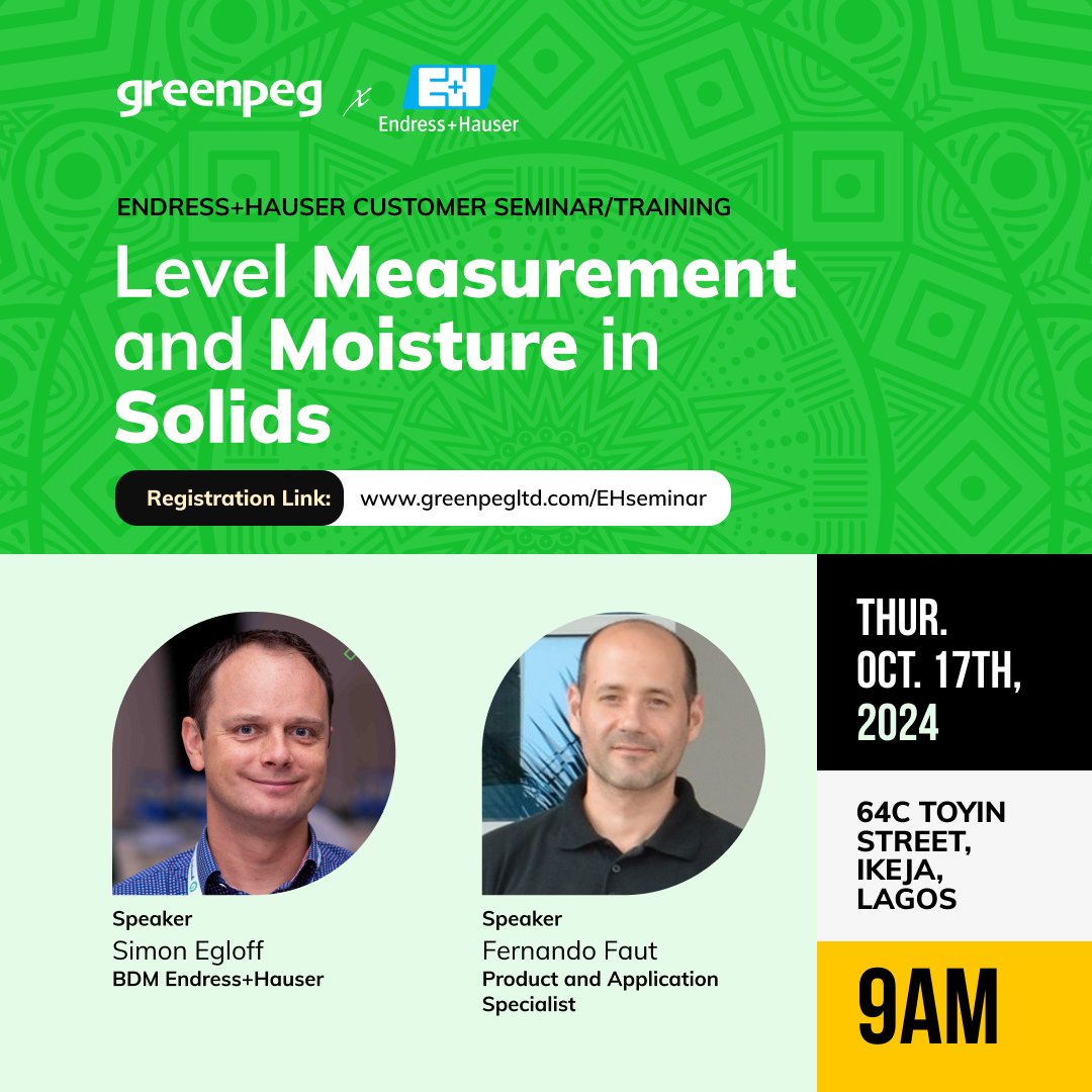 greenpegltd's tweet photo. Don't miss out! Our seminar on Level Measurement and Moisture Control in Solids is about to take place.

Come renew your skills with the latest advancements, techniques, and best practices to optimize accuracy and performance in your projects. Perfect for engineers looking to enhance their expertise in material measurement.
#Seminar #conference #engineeringconference #greenpeg #endresshauser