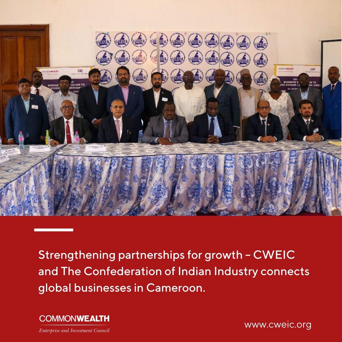 CWEICofficial's tweet photo. The Confederation of Indian Industry, organised a successful business delegation to Cameroon from 20-24 September 2024, in collaboration with CWEIC. The delegation held key meetings with HE Mr Joseph Ngute (@Josephdionngute), Prime Minister of Cameroon, and seven ministries in Yaoundé, including Public Works, Energy & Water, Mines & Industry, Trade & Commerce, Transport, Education, and Finance.

In addition, the delegation took part in a Business Matchmaking session organised by the Cameroon IPA SPELL OUT, which saw over 200 attendees from the Cameroonian business community. The visit continued in Douala with B2B meetings at the Cameroon Chamber of Commerce and a tour of Douala Port Authority. The delegation also visited CWEIC’s Cameroon Hub at the Cameroon National Shippers’ Council, further reinforcing ties between the Commonwealth and Cameroonian business sectors.

This delegation marks the strengthening of collaborative efforts following the recent MoU signed between CWEIC and CII. This partnership highlights our shared commitment to fostering economic growth and investment opportunities across the Commonwealth, demonstrating how strategic cooperation can drive impactful results.

#CWEIC #CII #CommonWealth #TradeAndInvestment #BusinessDelegation #GlobalConnections #Commonwealth