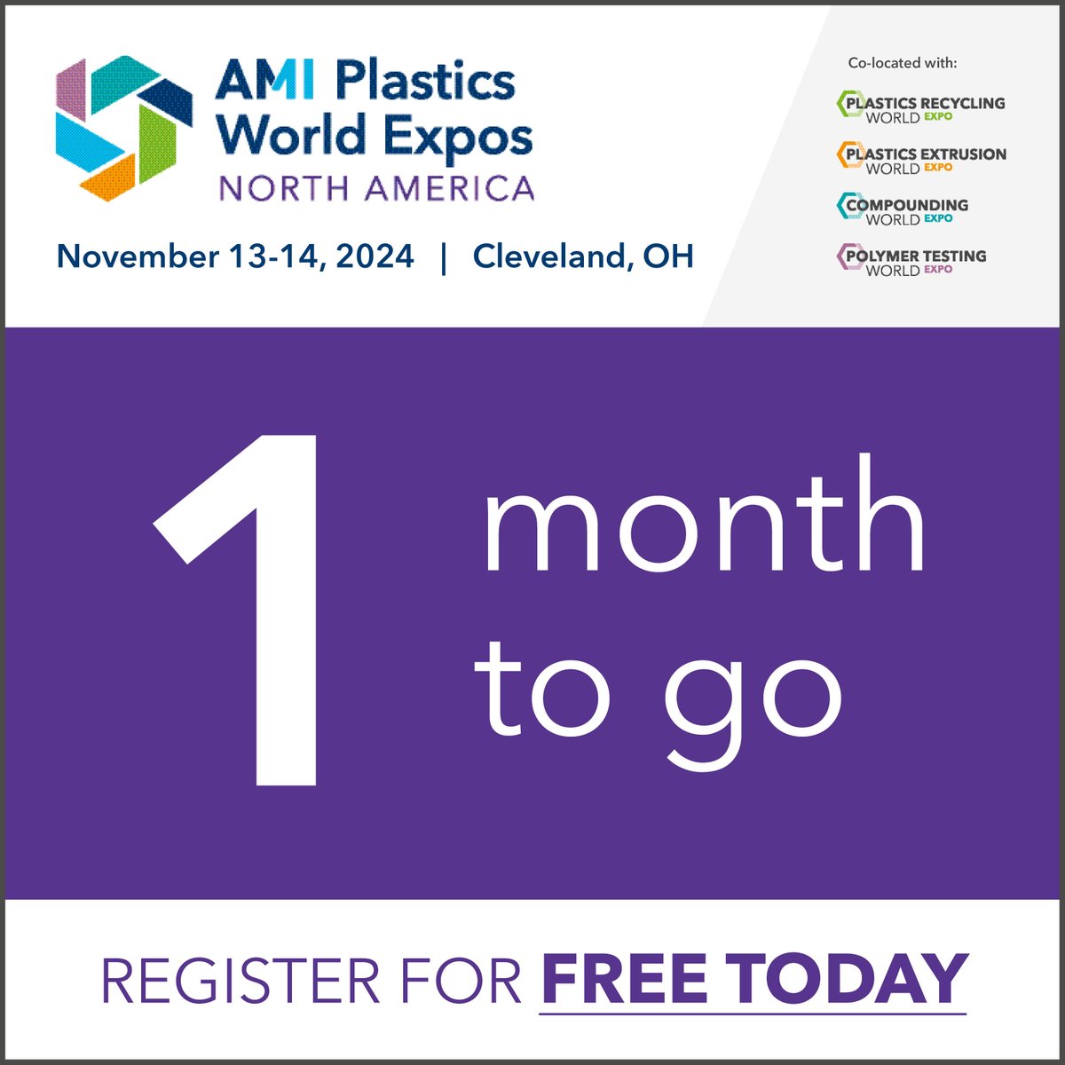 Contact_AMI's tweet photo. We’re counting down to the AMI Plastics World Expos North America, happening on November 13-14 in Cleveland! 

Meet leading industry exhibitors across the four co-located shows.

Claim your FREE ticket today: https://t.co/pZEHKbH7Zx https://t.co/y16fnbvaIm