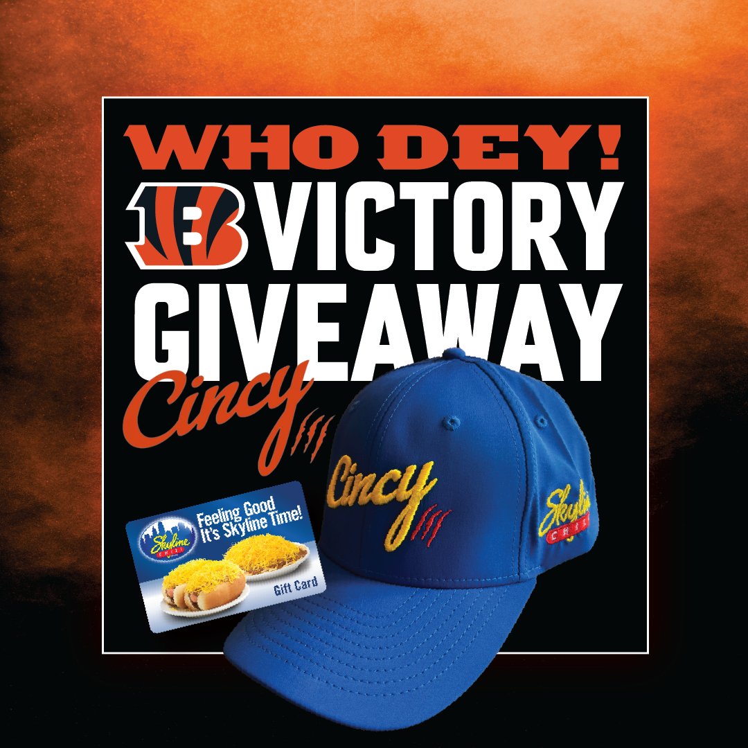 Skyline_Chili's tweet photo. Waking up winners! 🎊 @Bengals nation let's hear your roar and celebrate Victory Monday with us! 

Drop a #WHODEY + #SkylineSweeps in the comments for a chance to win the BRAND NEW Skyline @CincyHat in partnership with @_teddy_k and a $25 Skyline gift card! #WHODEY ​
-
-
-
WE WILL CONTACT THE WINNER BY REPLYING TO YOUR COMMENT ON THIS POST. WE WILL NOT SEND YOU A FRIEND REQUEST, DM YOU A LINK, HAVE YOU DOWNLOAD AN APP, OR ASK FOR CREDIT CARD INFORMATION. NO PURCHASE NECESSARY. One entry permitted per person per social media platform. Sponsored by Skyline Chili, Inc. Must be a resident of Florida, Indiana, Kentucky or Ohio and 18 or older to enter.  11/14 at 9AM ET and ends 11/15 at 9AM EST. 25 winners will be randomly chosen from entries received on each of X, Facebook & Instagram and notified electronically by social media. Sweepstakes is not sponsored, endorsed, administered by or affiliated with X, Facebook or Instagram.