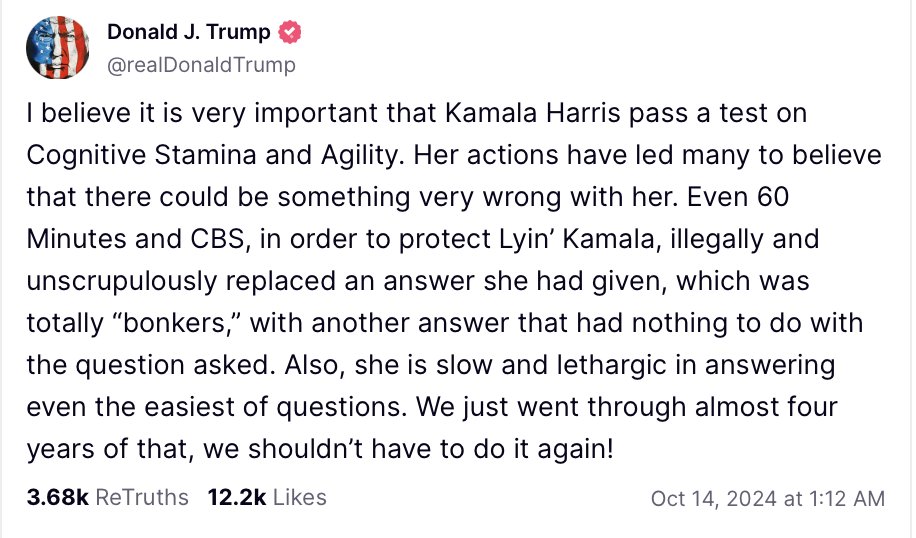 He refuses to release his medical records, refuses to debate her a second time, backs out of an interview with 60 Minutes, rambles for hours at rallies with dwindling crowds... but wants you to believe she's the one who's slow and lethargic. He's projecting, again.
