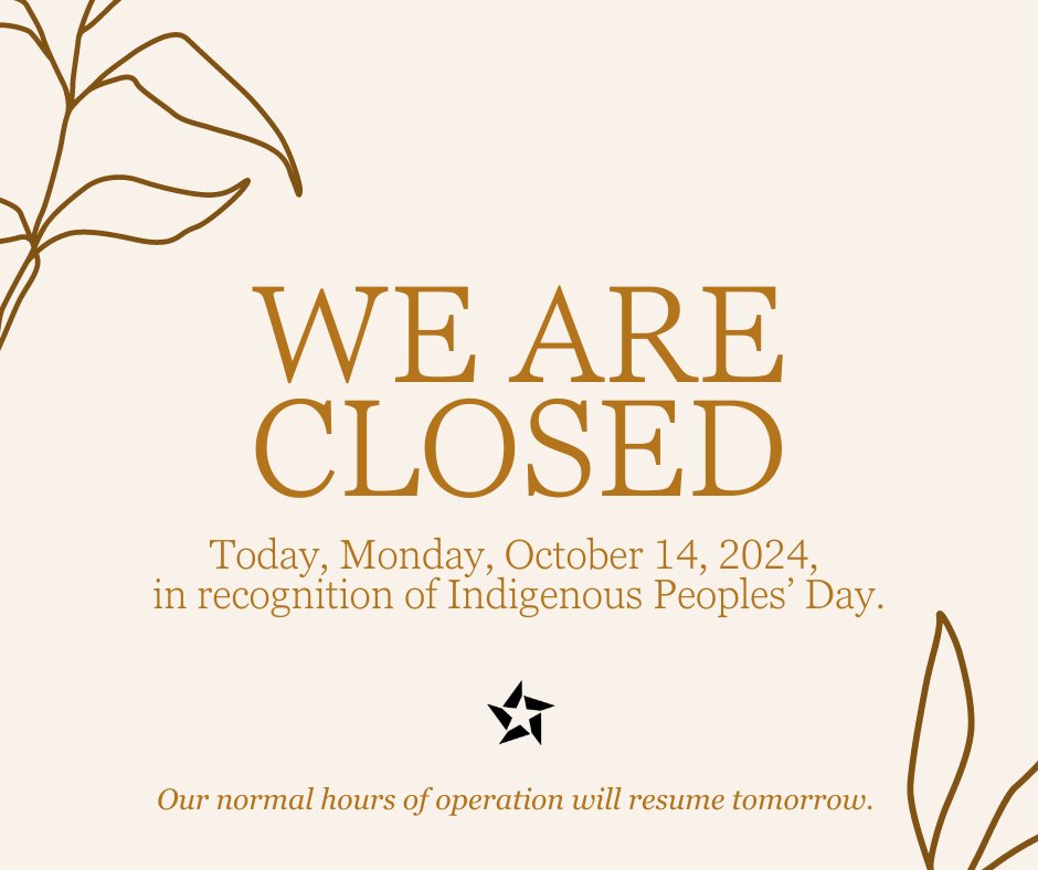FamilyAdvct's tweet photo. Our office will be closed today, October 14, 2024, in recognition of Indigenous Peoples' Day. We will be back at the office at 8:30 am tomorrow. Have a great day! https://t.co/YUIk9KbJll
