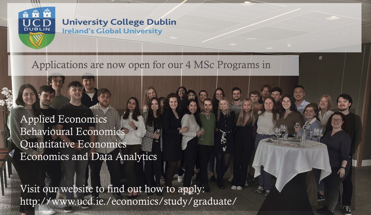 UCD Economics (@economicsucd) on Twitter photo 📢Applications for our MSc programs are now open!
Join Ireland's leading economics department and study with great lecturers such as <a href="/ben_elsner/">Ben Elsner</a> @WhelanKarl@alandebromhead <a href="/LryanEnergy/">Lisa Ryan</a> <a href="/StreckerNM/">Nora Strecker</a> <a href="/orladoyle_econ/">Orla Doyle</a> <a href="/msamahita/">Margaret Samahita</a> <a href="/PeiaOana/">Oana Peia</a> <a href="/KevinDenny/">Kevin Denny</a> ucd.ie/economics/stud… 📢Applications for our MSc programs are now open!
Join Ireland's leading economics department and study with great lecturers such as <a href="/ben_elsner/">Ben Elsner</a> @WhelanKarl@alandebromhead <a href="/LryanEnergy/">Lisa Ryan</a> <a href="/StreckerNM/">Nora Strecker</a> <a href="/orladoyle_econ/">Orla Doyle</a> <a href="/msamahita/">Margaret Samahita</a> <a href="/PeiaOana/">Oana Peia</a> <a href="/KevinDenny/">Kevin Denny</a> ucd.ie/economics/stud…