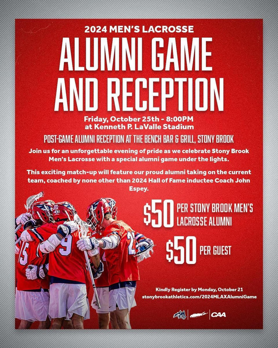 SeawolvesUnited's tweet photo. Less than 2 weeks away! Calling all @StonyBrookMLAX Alumni! 🥍

Join us Friday, Oct 25 at 8 PM at LaValle Stadium for the 2024 Alumni Game under the lights! 🌟 Post-game reception at The Bench Bar &amp; Grill.

🎟️ $50 per alum/guest
🔗 https://t.co/v9mEnPZE69

#Seawolves #AlumniGame https://t.co/IQRhI3XwhB