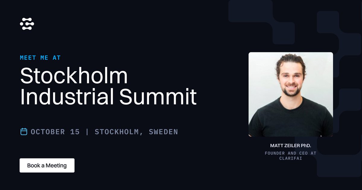 clarifai's tweet photo. Hello from Stockholm!
Our CEO, @mattzeiler is attending the Stockholm Industrial Summit tomorrow, October 15.
Want to improve operational efficiency of your industrial project? Book a meeting with Matt. https://t.co/Z2X2ArkcV9
#AI #VisualInspection #DefectDetection https://t.co/zwaJY5wCgf