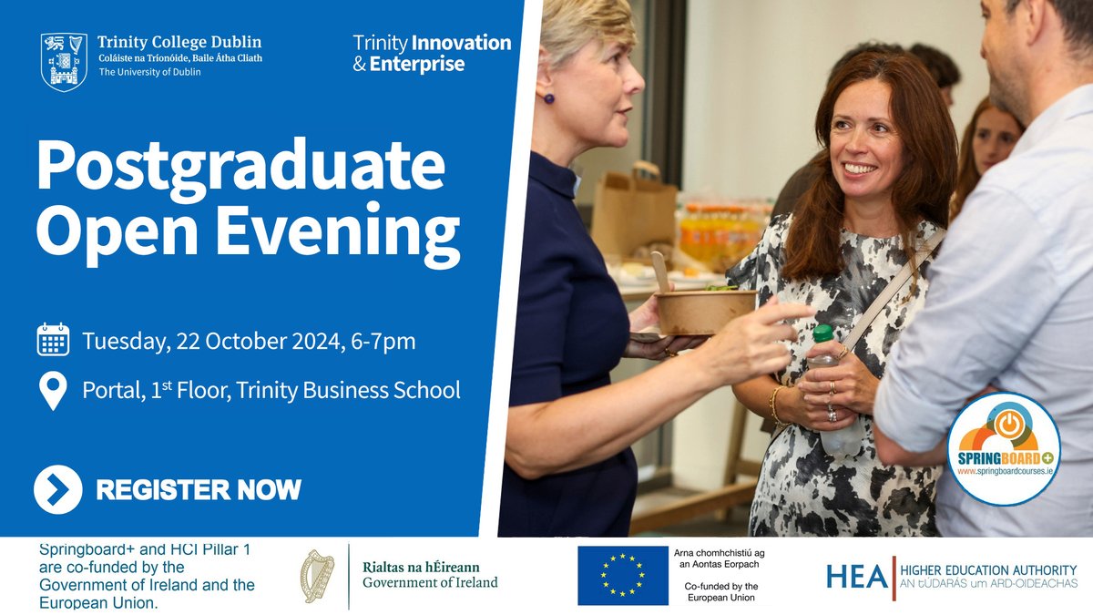 TCDPortal's tweet image. Join us on Tuesday 22nd, 1st floor Trinity Business School, from 6-7pm.
Find out about a range of Springboard+ funded Postgraduate part-time programmes, free for eligible applicants.
Reserve your seat here: hubs.la/Q02R2G3N0