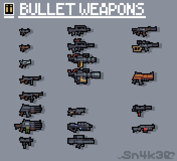 Sn4k3_ase's tweet photo. All of the bullet weapons from my texture pack are done After redoing them multiple times, I'm almost finished with the pack.

#pixelart https://t.co/HrywXKF3P0