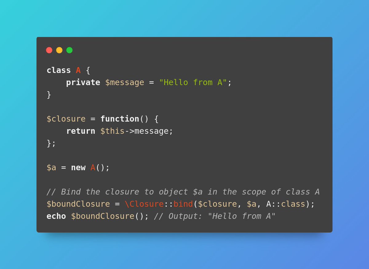 codefern's tweet image. 🎯 Unlock PHP Secrets with \Closure::bind()!
Did you know you can bind closures to objects & access private/protected members?
Perfect for advanced manipulation & testing!
#PHPTips #CodeSmart #WebDev #php #DevHacks