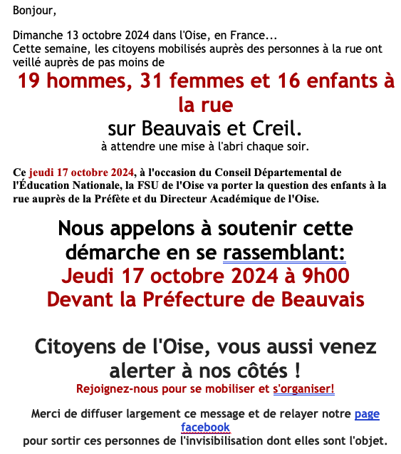 Comité départemental (60) de soutien aux personnes à la rue :