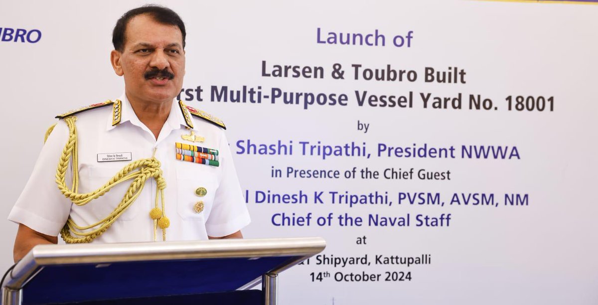indiannavy's tweet photo. Samarthak, the first ship of the indigenously designed and constructed Multi Purpose Vessel (MPV) project, was launched at L&T Shipyard, Kattupalli on #14Oct 24.

The vessel was launched by Mrs Shashi Tripathi, President #NWWA, in the presence of Adm Dinesh K Tripathi, #CNS.

Speaking on the occasion, the #CNS highlighted the MPVs as critical enablers - designed for multi dimensional role, "for enhancing Indian Navy's Bluewater capabilities, providing the forward deployed units the necessary mobility, flexibility & verstility in demonstrating poise, presence & reach to deliver the desired effects at the place & time of our choosing." 

The #MPVs would also serve as trial platform for indigenously developed naval weapons & sensors.

The launch of this ship by a Private Indian Shipyard is another milestone in indigenous shipbuilding and is in consonance with Gol's vision of #AatmanirbharBharat and @makeinindia.

@SpokespersonMoD @larsentoubro