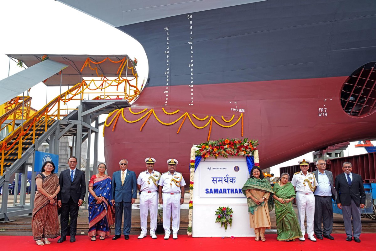 indiannavy's tweet photo. Samarthak, the first ship of the indigenously designed and constructed Multi Purpose Vessel (MPV) project, was launched at L&T Shipyard, Kattupalli on #14Oct 24.

The vessel was launched by Mrs Shashi Tripathi, President #NWWA, in the presence of Adm Dinesh K Tripathi, #CNS.

Speaking on the occasion, the #CNS highlighted the MPVs as critical enablers - designed for multi dimensional role, "for enhancing Indian Navy's Bluewater capabilities, providing the forward deployed units the necessary mobility, flexibility & verstility in demonstrating poise, presence & reach to deliver the desired effects at the place & time of our choosing." 

The #MPVs would also serve as trial platform for indigenously developed naval weapons & sensors.

The launch of this ship by a Private Indian Shipyard is another milestone in indigenous shipbuilding and is in consonance with Gol's vision of #AatmanirbharBharat and @makeinindia.

@SpokespersonMoD @larsentoubro