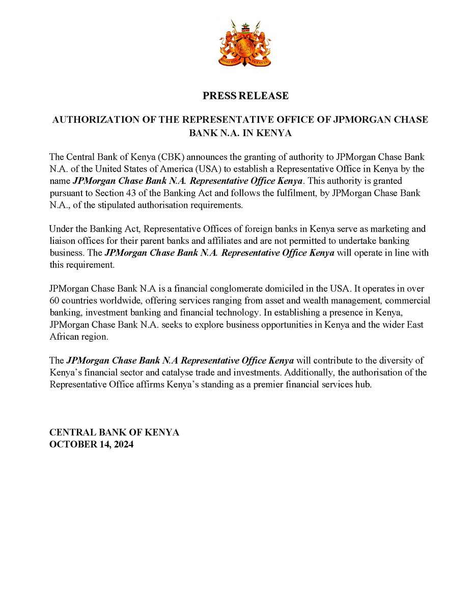 CBKKenya's tweet image. Press Release - Authorisation of JP Morgan Representative Office in Kenya