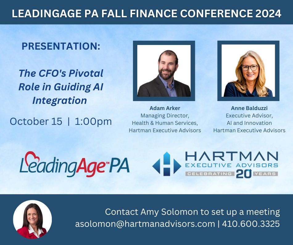 HartmanAdvisors's tweet photo. Tomorrow’s the day! Join us at the @LeadingAgePA Fall Finance Conference for "The CFO's Pivotal Role in Guiding AI Integration" from 1-2 PM. Learn from Adam Arker and Anne Balduzzi. See you there! #LeadingAgePA #FinanceConference #AIIntegration https://t.co/OBOFRkZz8Q