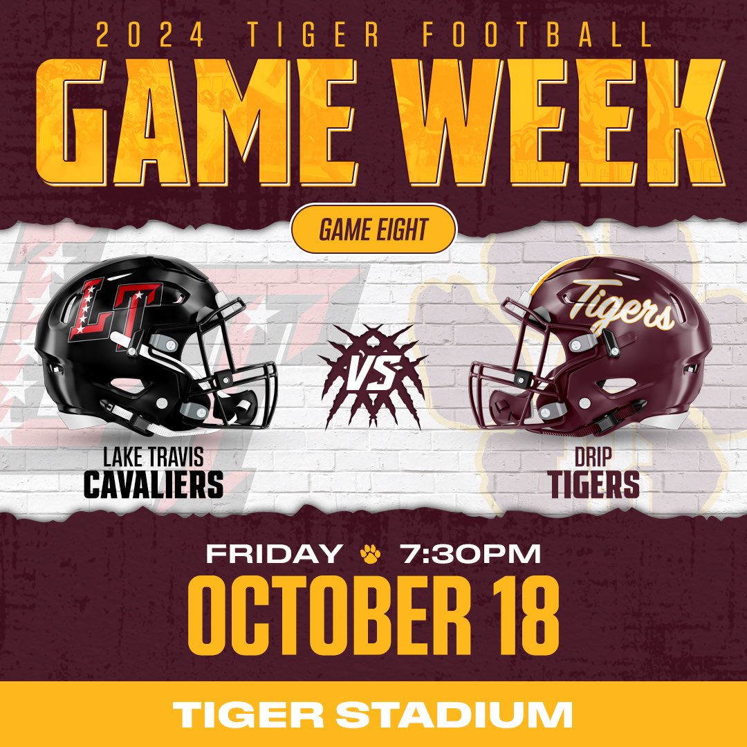 Game 8️⃣: Drip vs Lake Travis
📍Tiger Stadium
🎟️: dsisdtx.us/o/dsisd/page/a…

#getloud #letsgotigers #dripfootball #drippingsprings #packthestadium #tpd