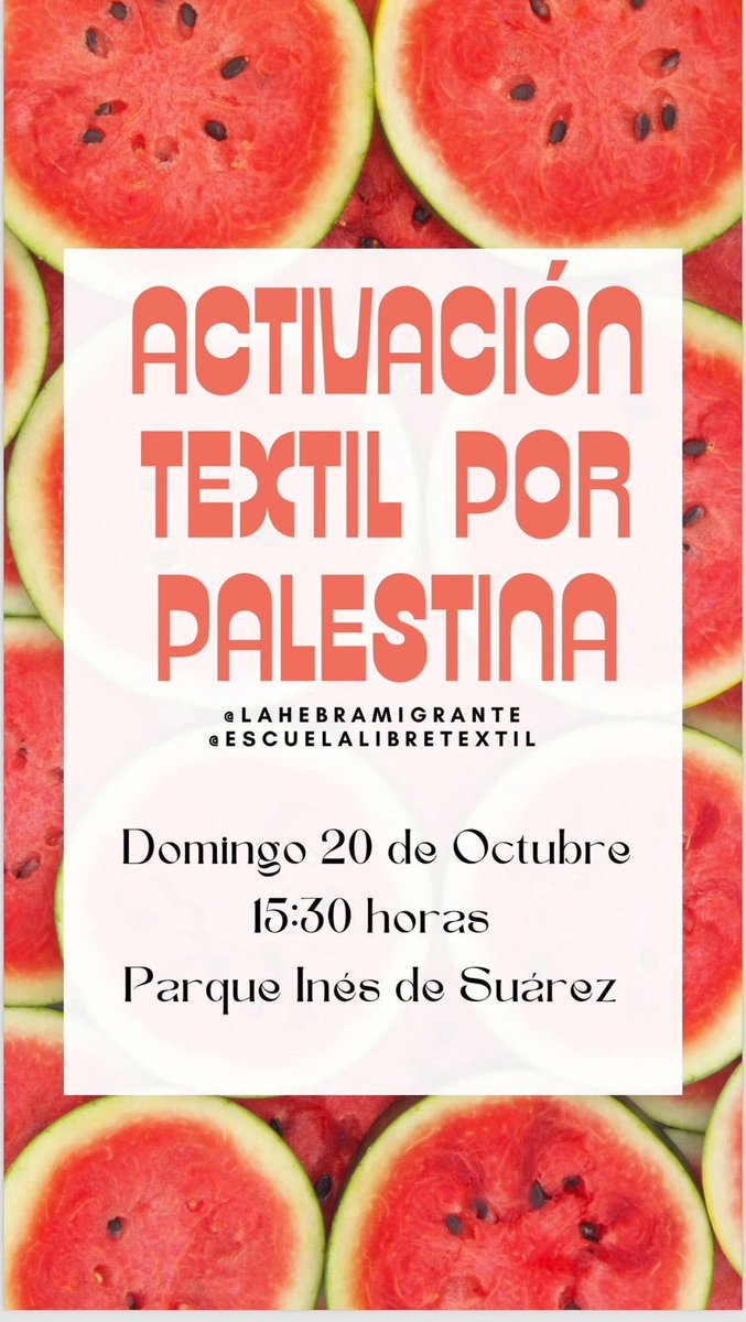 Desde la <a href="/LibreTextil/">Escuela Libre Textil</a> estamos pulsando una activación textil por Palestina, será este domingo 19. Acá encuentran la información. instagram.com/p/DBBj9_YOnEU/… Rt, por favor.